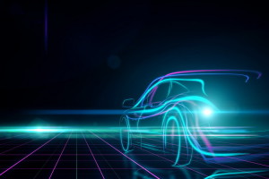 Creative glowing digital car on black background. Transport and design concept. 3D Rendering